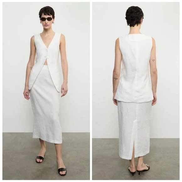 ENZA COSTA Linen Tunic Vest Womens Medium Flax Natural Sleeveless Quiet Luxury - Picture 4 of 16